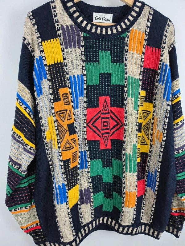 Carlo Colucci 90s 3D Knit Jumper Multicolor Coogi Style Size 54 XL