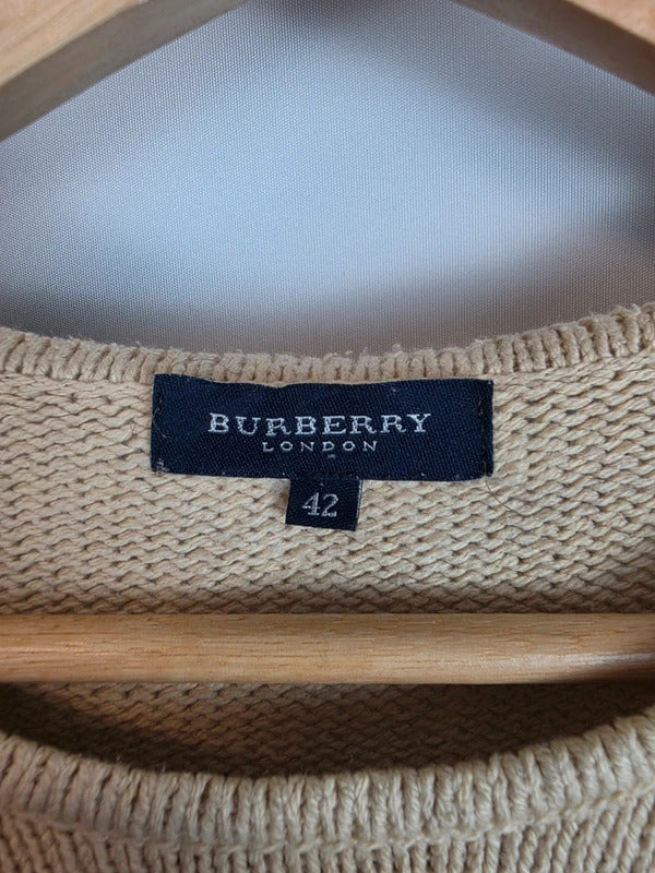 Burberry London Beige Striped Knit Jumper - Embroidered Knight Logo - Size 42 / M