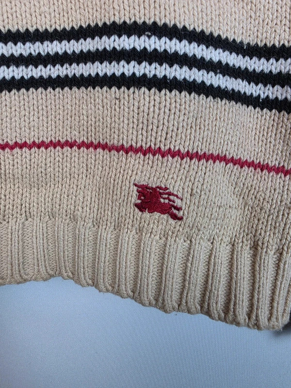 Burberry London Beige Striped Knit Jumper - Embroidered Knight Logo - Size 42 / M