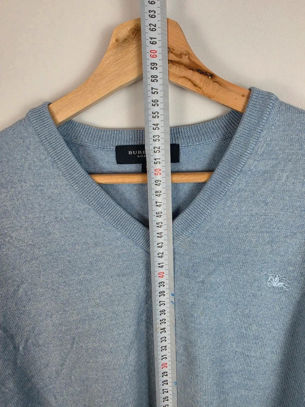 Burberry London Blue V-Neck Jumper Merino Wool Blend Size L