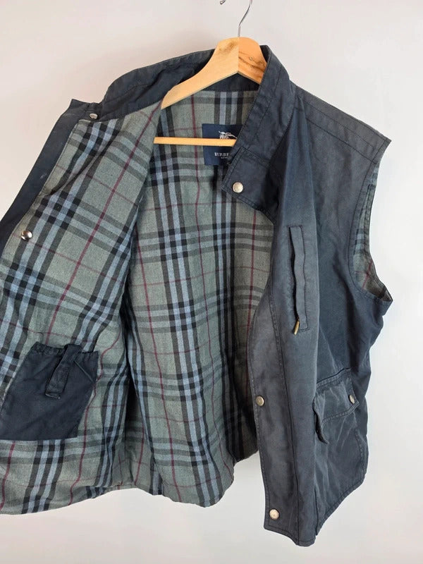 Vintage Burberry London Coated Cotton Bodywarmer Gilet Vest Navy Blue - Size 56 / XL