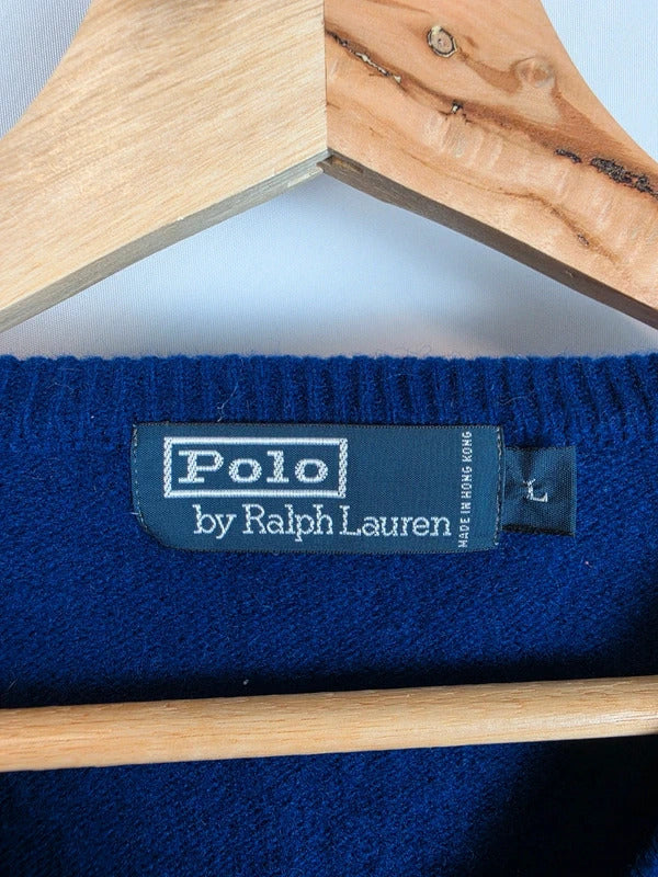 Polo Ralph Lauren Blue V-Neck Wool Sweater Red Pony Logo - Large