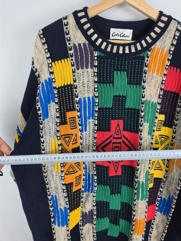 Carlo Colucci 90s 3D Knit Jumper Multicolor Coogi Style Size 54 XL