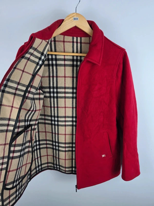 Burberry London Red Wool Blend Jacket – Nova Check Lined, Size 42