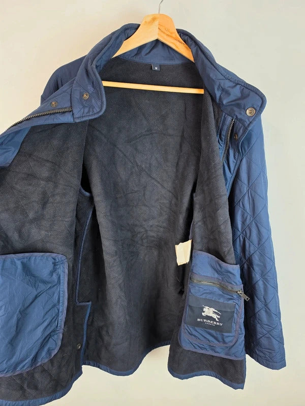 Vintage Burberry Quilted Jacket Men's Navy Fleece Lined Coat - Size M