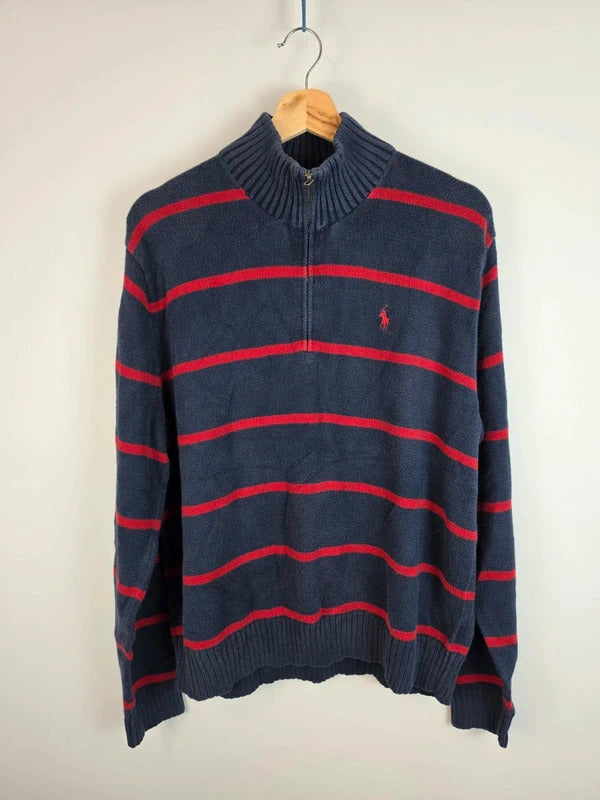 Polo Ralph Lauren Striped 1/4 Jumper Navy Red Pony - L