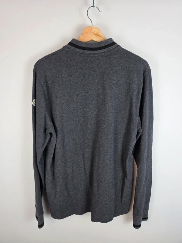 Moncler Long Sleeve Polo Shirt Charcoal Grey Tipped Collar Mens M