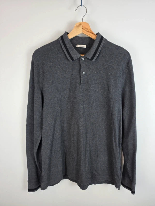 Moncler Long Sleeve Polo Shirt Charcoal Grey Tipped Collar Mens M