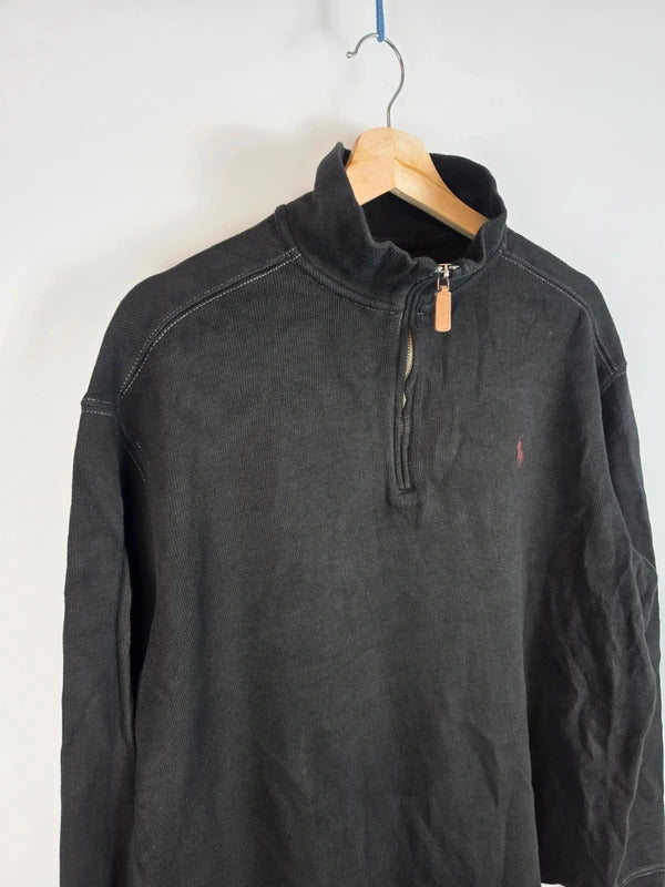 Polo Ralph Lauren Black Quarter Zip Jumper Red Logo - Large