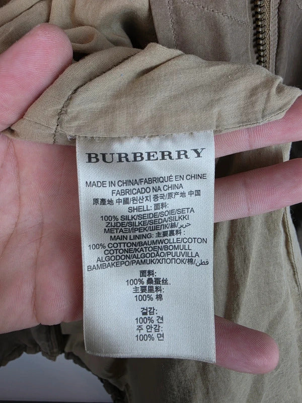 Burberry Brit 100% Silk Parka Jacket Khaki Military Trench Coat UK 12 Medium