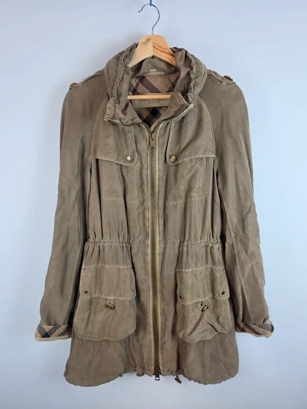 Burberry Brit 100% Silk Parka Jacket Khaki Military Trench Coat UK 12 Medium
