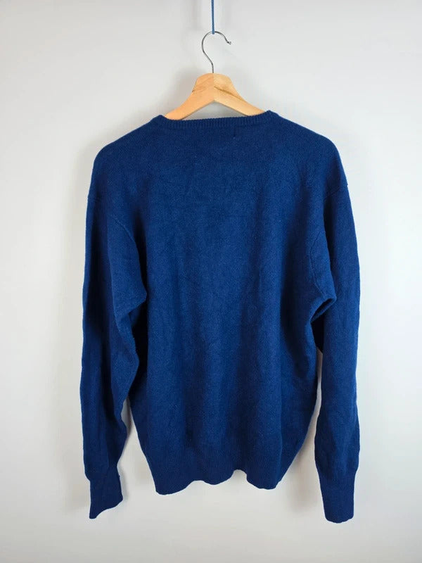 Polo Ralph Lauren Blue V-Neck Wool Sweater Red Pony Logo - Large