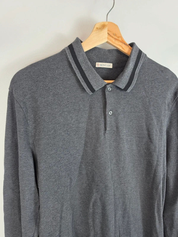 Moncler Long Sleeve Polo Shirt Charcoal Grey Tipped Collar Mens M