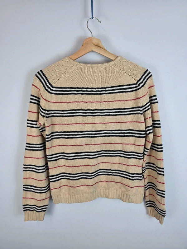 Burberry London Beige Striped Knit Jumper - Embroidered Knight Logo - Size 42 / M