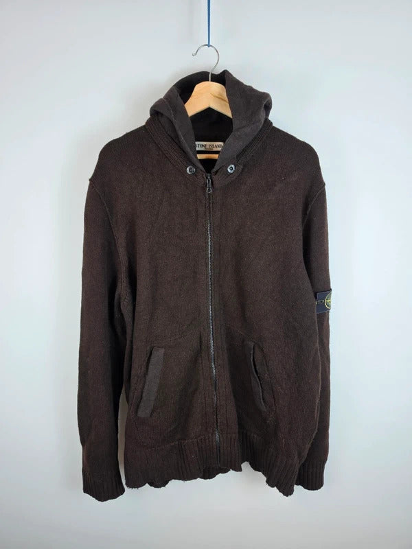 Stone Island AW 2008 Heavyweight Full Zip Hooded Knit Jumper, Dark Brown XXL
