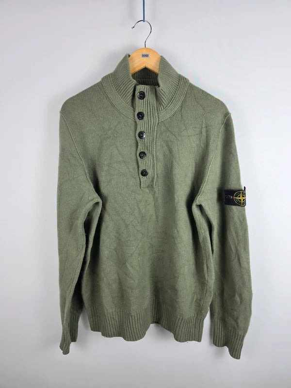 Stone Island Khaki Green Quarter-Button Knit Jumper – Size XL
