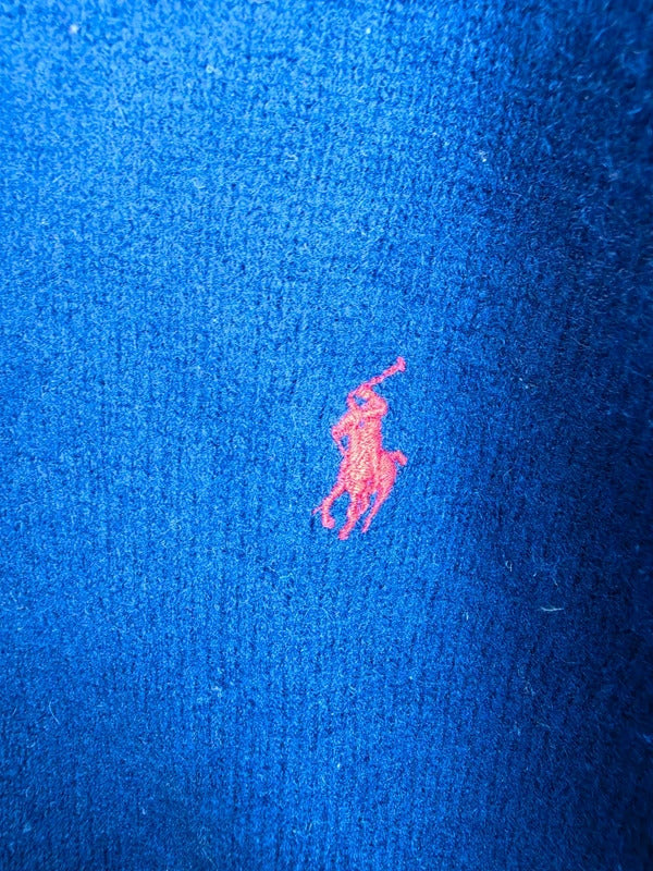 Polo Ralph Lauren Blue V-Neck Wool Sweater Red Pony Logo - Large