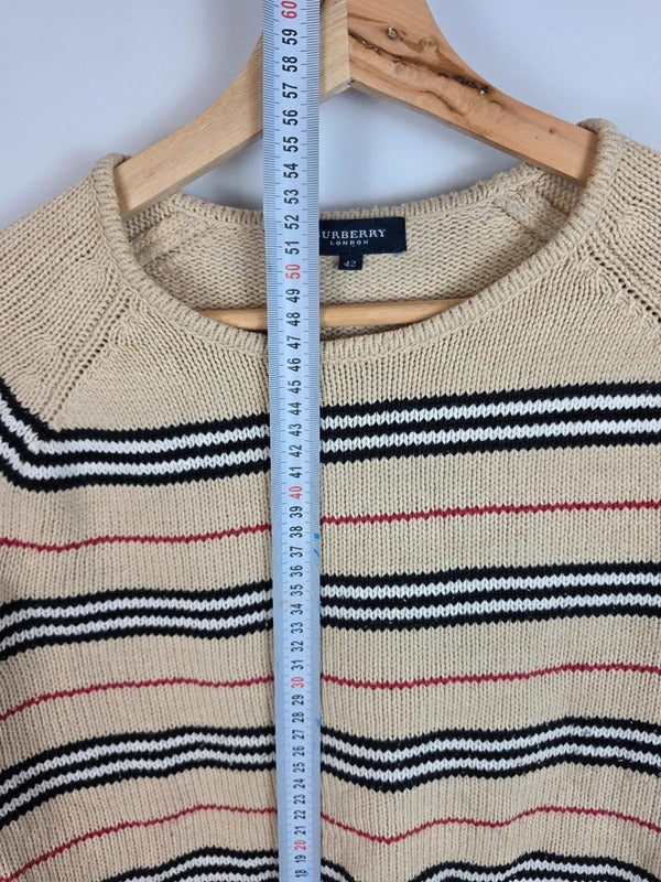 Burberry London Beige Striped Knit Jumper - Embroidered Knight Logo - Size 42 / M