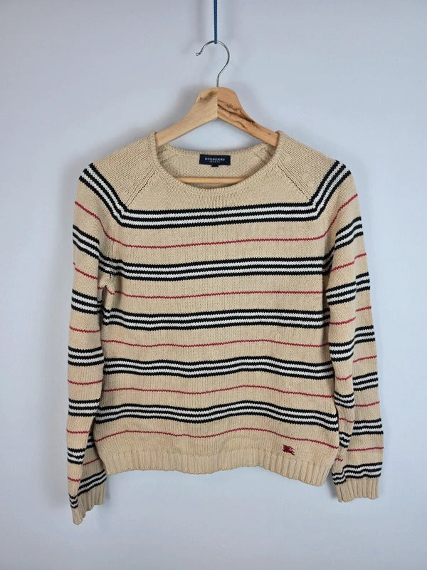 Burberry London Beige Striped Knit Jumper - Embroidered Knight Logo - Size 42 / M