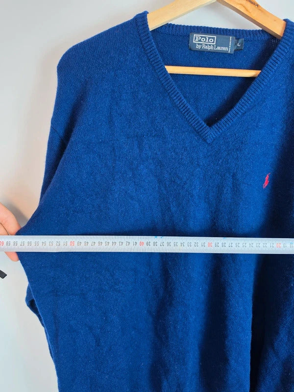 Polo Ralph Lauren Blue V-Neck Wool Sweater Red Pony Logo - Large