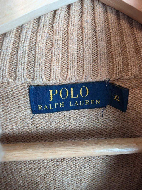 Polo Ralph Lauren 100% Cotton Button Mock Neck Knit Sweater Beige XL