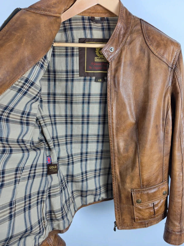 Belstaff Naima Gold Label Brown Leather Racer Jacket – IT 40 / UK 8