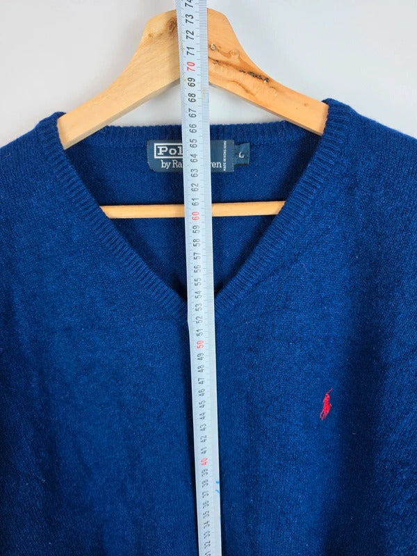 Polo Ralph Lauren Blue V-Neck Wool Sweater Red Pony Logo - Large