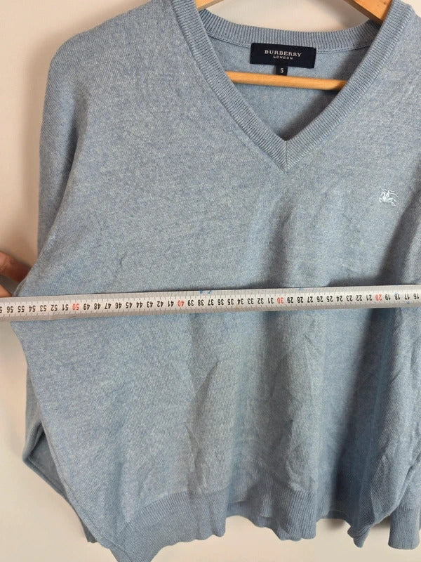 Burberry London Blue V-Neck Jumper Merino Wool Blend Size L