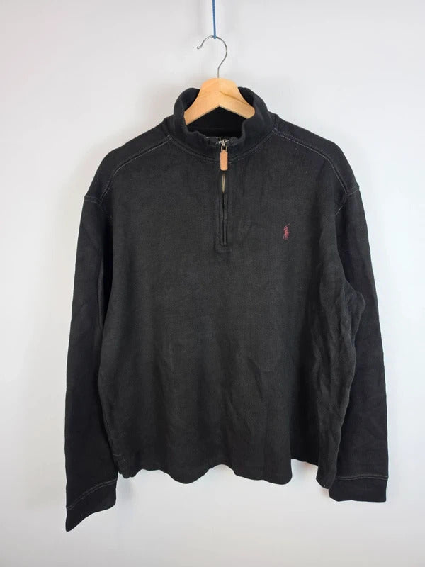 Polo Ralph Lauren Black Quarter Zip Jumper Red Logo - Large