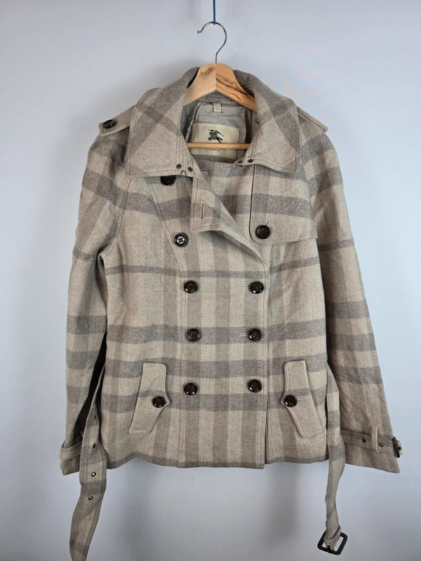 Burberry London Wool Blend Nova Check Double Breasted Pea Coat Jacket UK 16