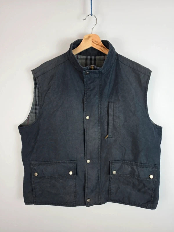 Vintage Burberry London Coated Cotton Bodywarmer Gilet Vest Navy Blue - Size 56 / XL