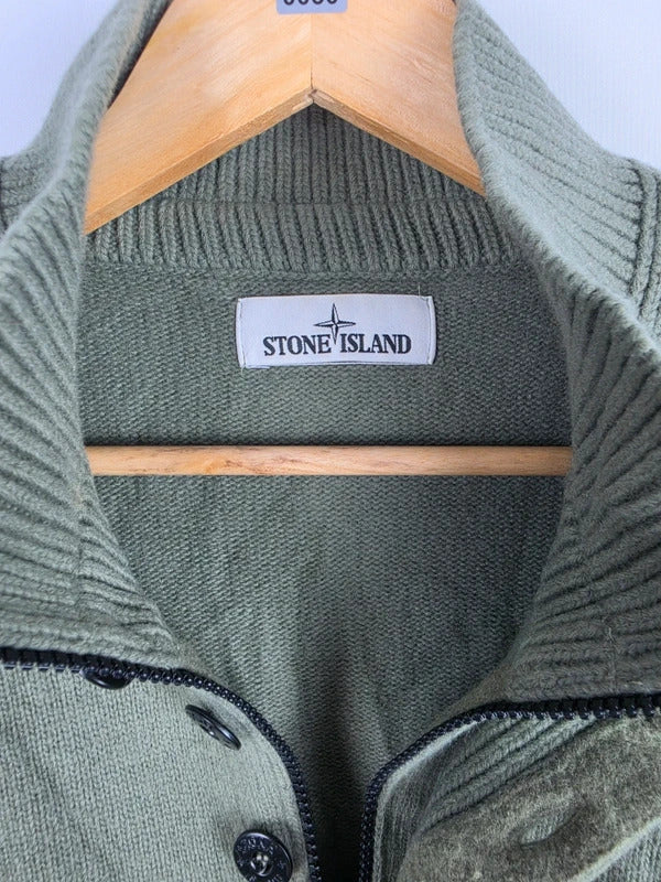 Stone Island Khaki Green Quarter-Button Knit Jumper – Size XL