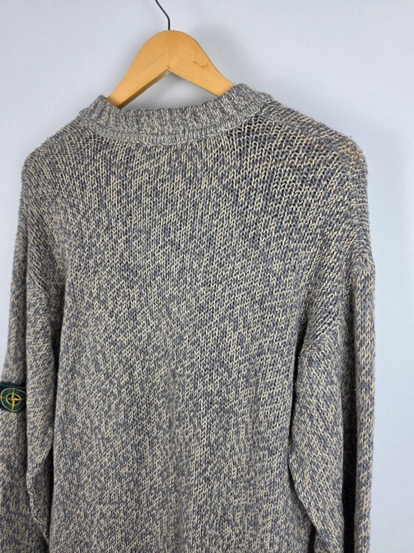 Stone Island Vintage Grey Marled Wool V-Neck Knit Jumper – Size L