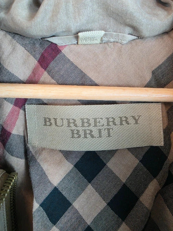 Burberry Brit 100% Silk Parka Jacket Khaki Military Trench Coat UK 12 Medium