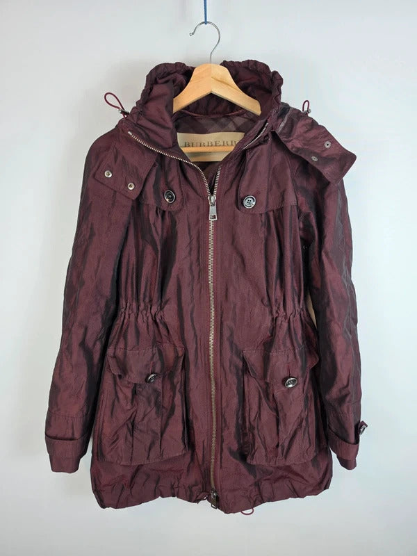Burberry Brit Metallic Iridescent Parka Jacket Burgundy Womens Size XS