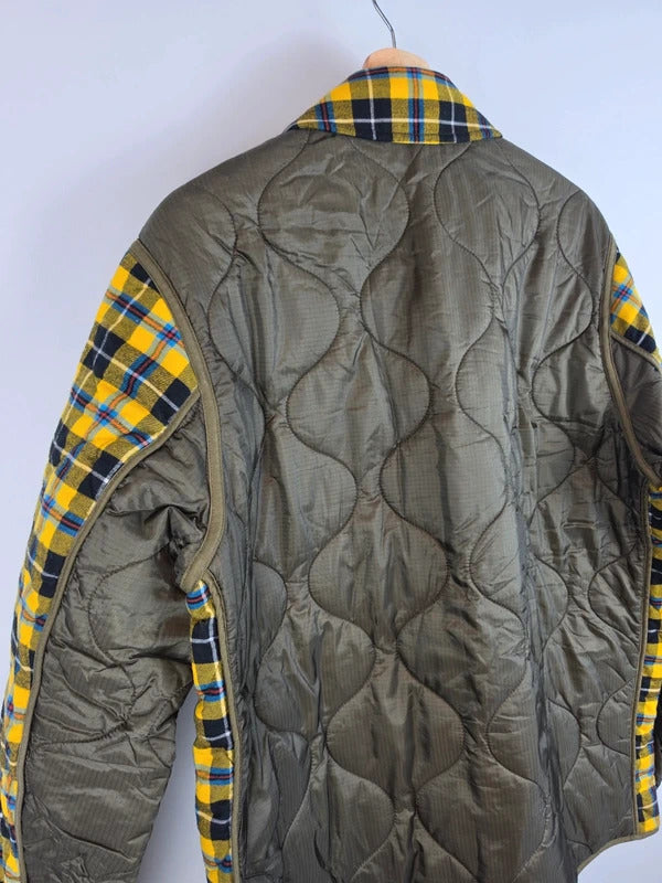 Burberry London Yellow Tartan Quilted Jacket Olive Trim Size 50 L