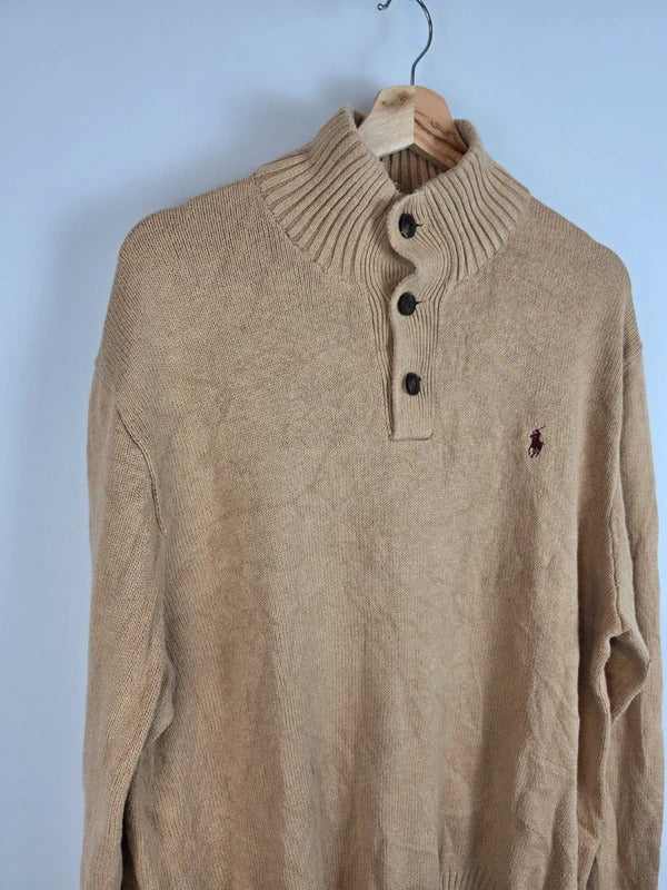 Polo Ralph Lauren 100% Cotton Button Mock Neck Knit Sweater Beige XL