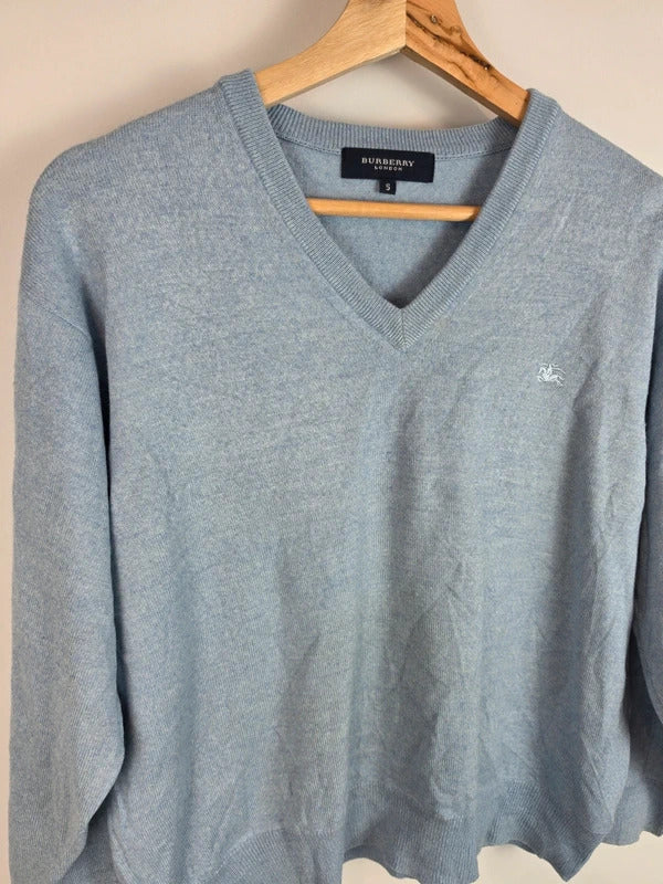 Burberry London Blue V-Neck Jumper Merino Wool Blend Size L