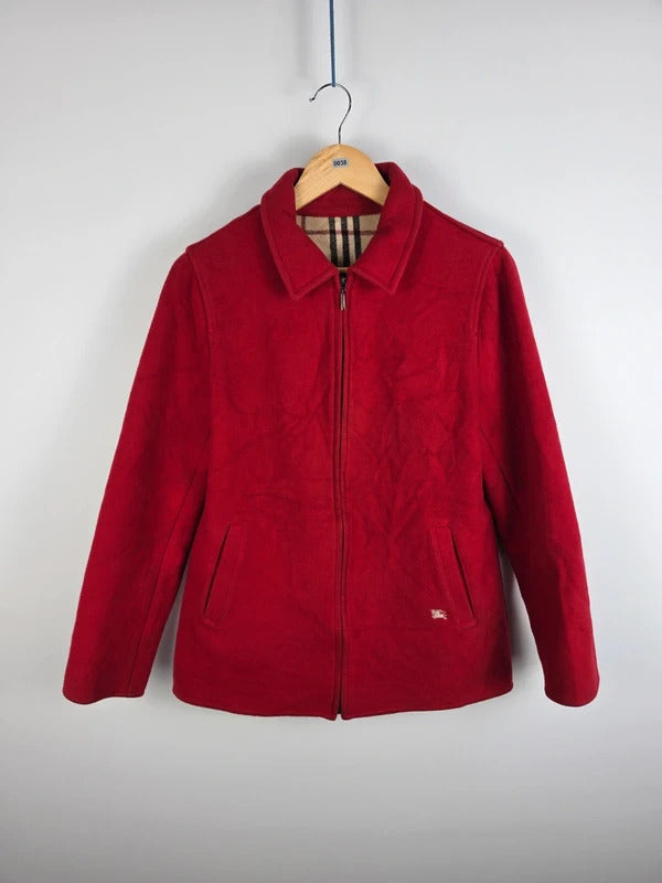 Burberry London Red Wool Blend Jacket – Nova Check Lined, Size 42