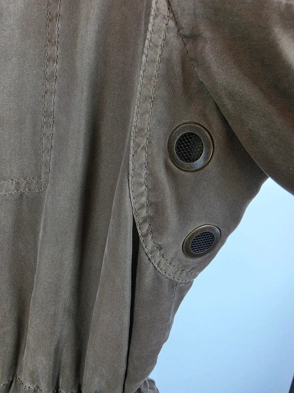Burberry Brit 100% Silk Parka Jacket Khaki Military Trench Coat UK 12 Medium