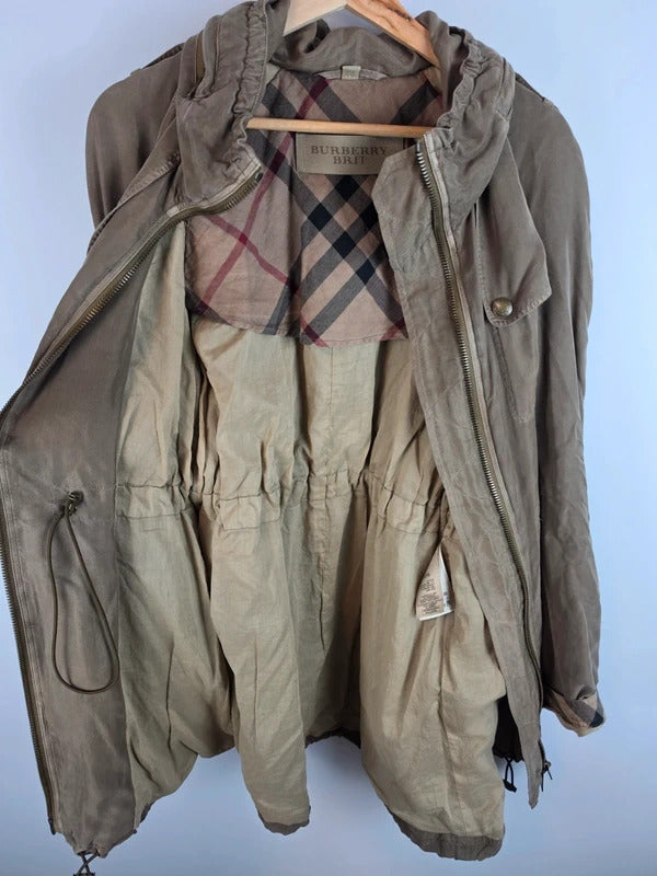 Burberry Brit 100% Silk Parka Jacket Khaki Military Trench Coat UK 12 Medium