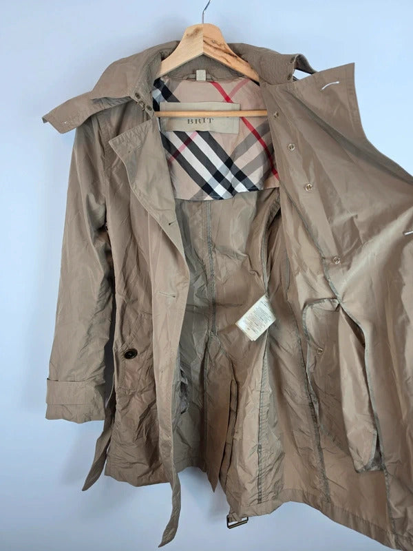 Burberry Brit Beige Hooded Trench Coat Nova Check Lining - UK 8