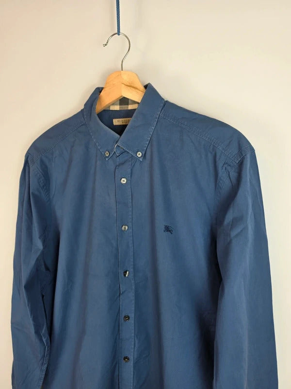 Burberry Brit Blue Long Sleeve Shirt, Check Collar & Cuff Detail - Size L