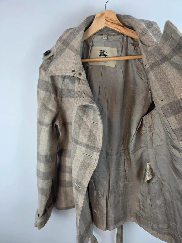 Burberry London Wool Blend Nova Check Double Breasted Pea Coat Jacket UK 16