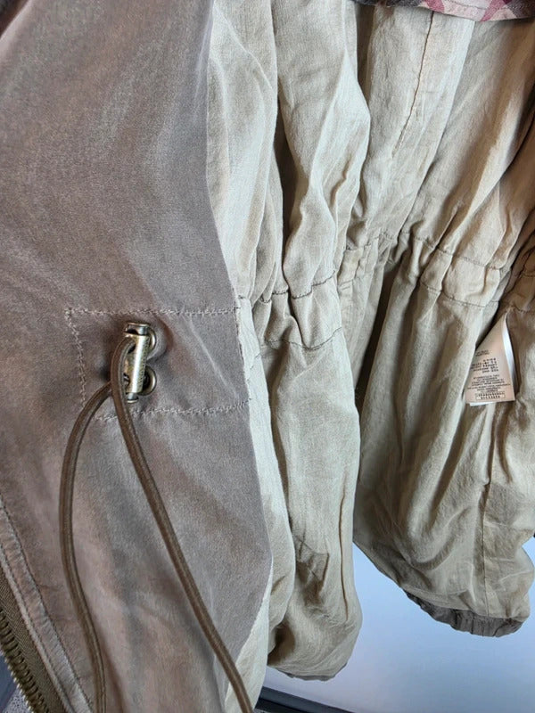 Burberry Brit 100% Silk Parka Jacket Khaki Military Trench Coat UK 12 Medium