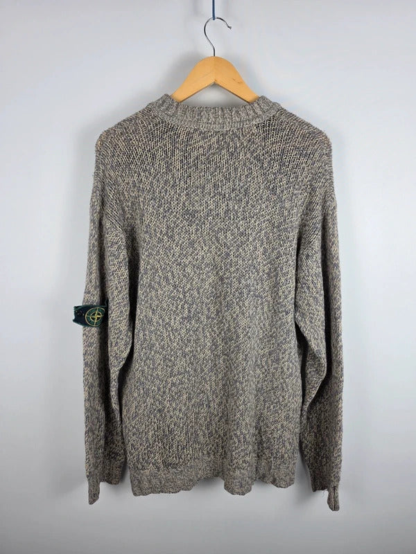 Stone Island Vintage Grey Marled Wool V-Neck Knit Jumper – Size L