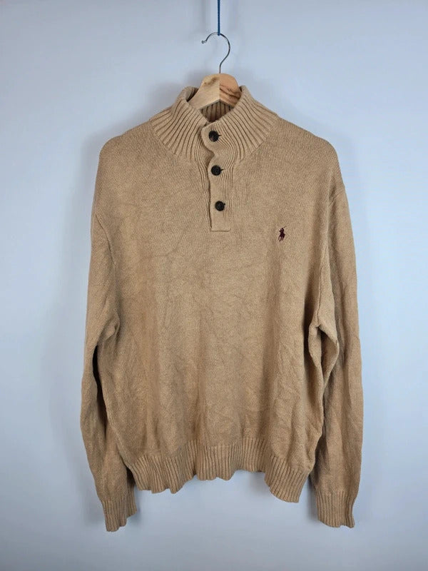 Polo Ralph Lauren 100% Cotton Button Mock Neck Knit Sweater Beige XL