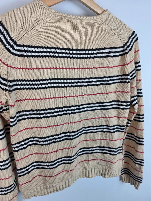 Burberry London Beige Striped Knit Jumper - Embroidered Knight Logo - Size 42 / M