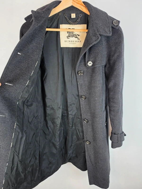 Burberry London Wool Cashmere Double Breasted Trench Coat Charcoal Grey UK 6 XS