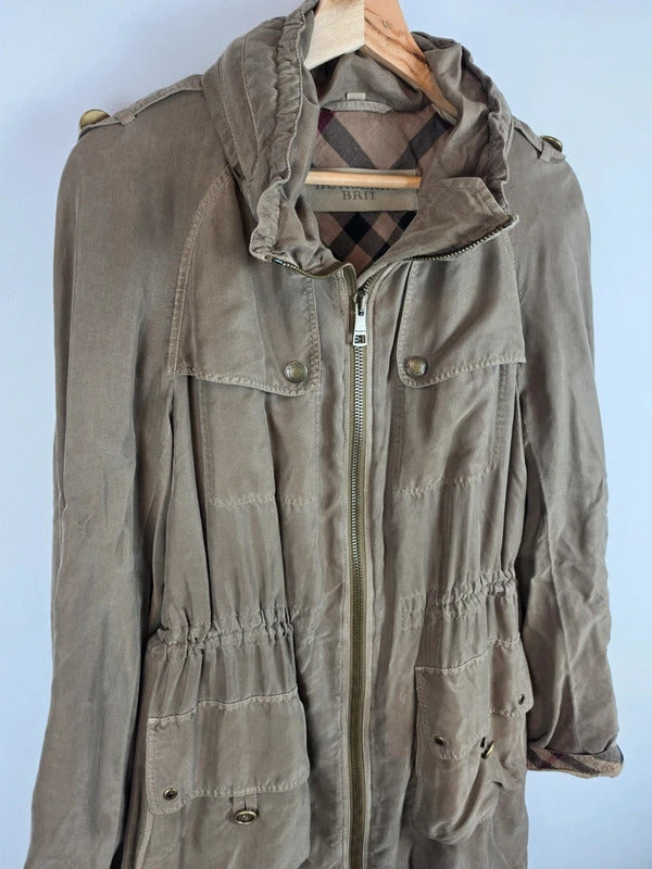 Burberry Brit 100% Silk Parka Jacket Khaki Military Trench Coat UK 12 Medium
